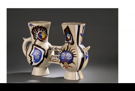 Jean LURCAT       :  Double vase à décor de soleil, de lune et de personnages stylisés