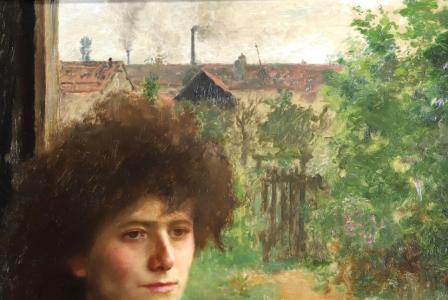 Emile FRIANT       :  "Portrait de femme en buste devant sa fenêtre sur fond de jardin"
