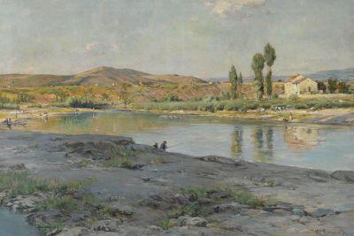 Georges-Pierre SERRIER       :   Flusslandschaft mit angler